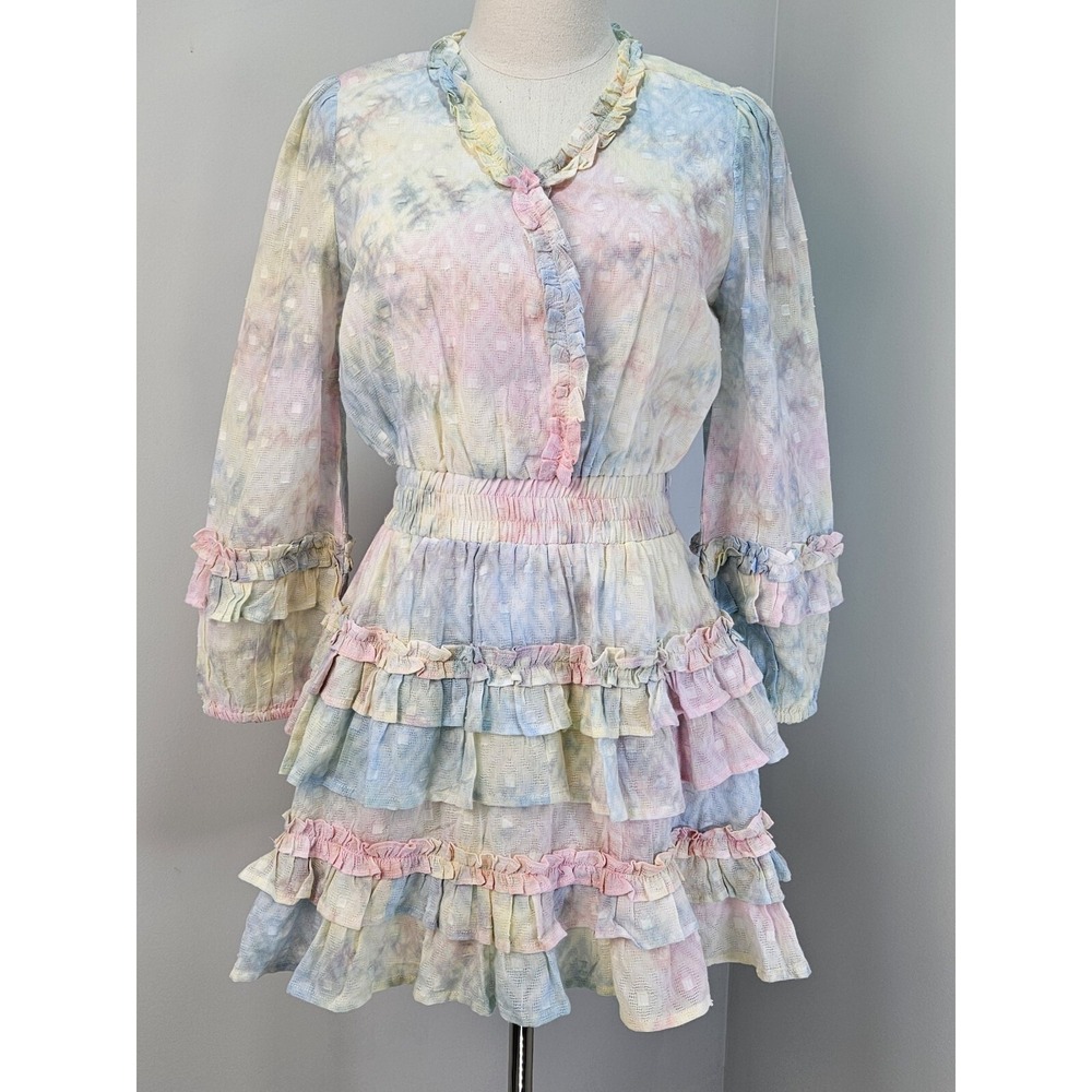 Cake For Dinner Womens Small Tie Dye Ruffle Tiered Mini Dress Pastel Long Sleeve